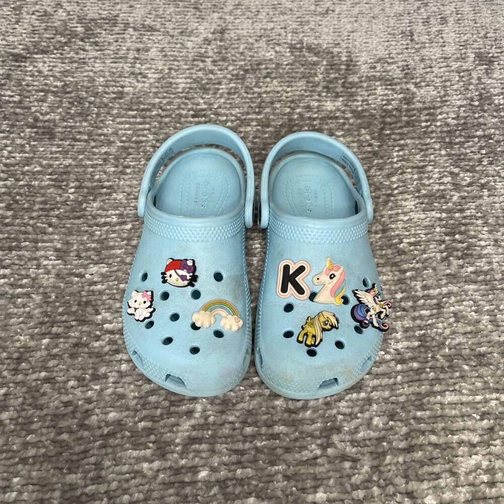 CROCS Sz 12 Blue Classic Clogs w/ Removable Jibbitz My Little Pony Hello Kitty